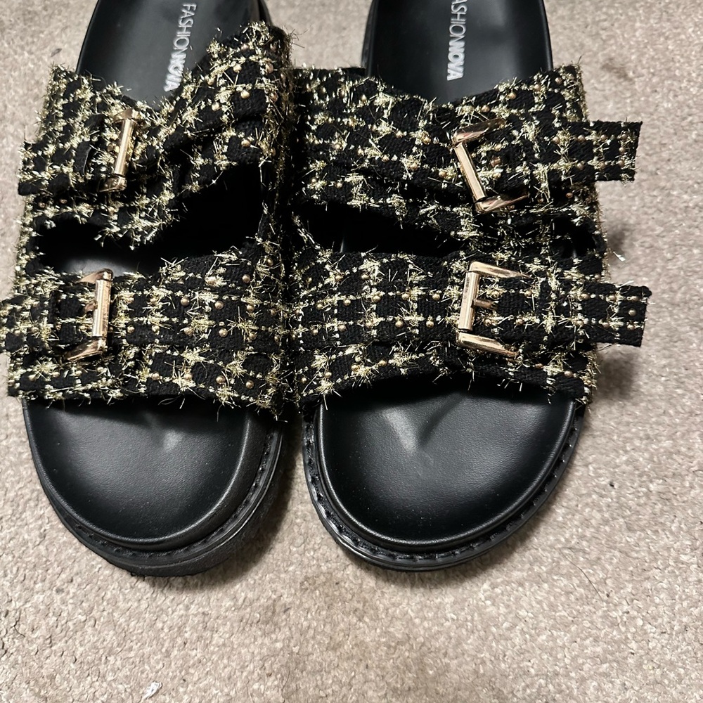 Fashion Nova Black and Gold Tweed Double Buckle Slide Sandals